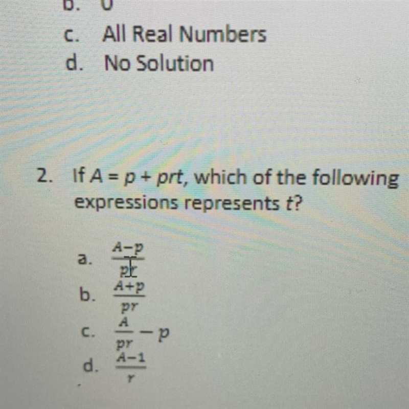 2. If A= p + prt, which of the followingexpressions represents t?A-b.A+PPYC.рprd.Y-example-1