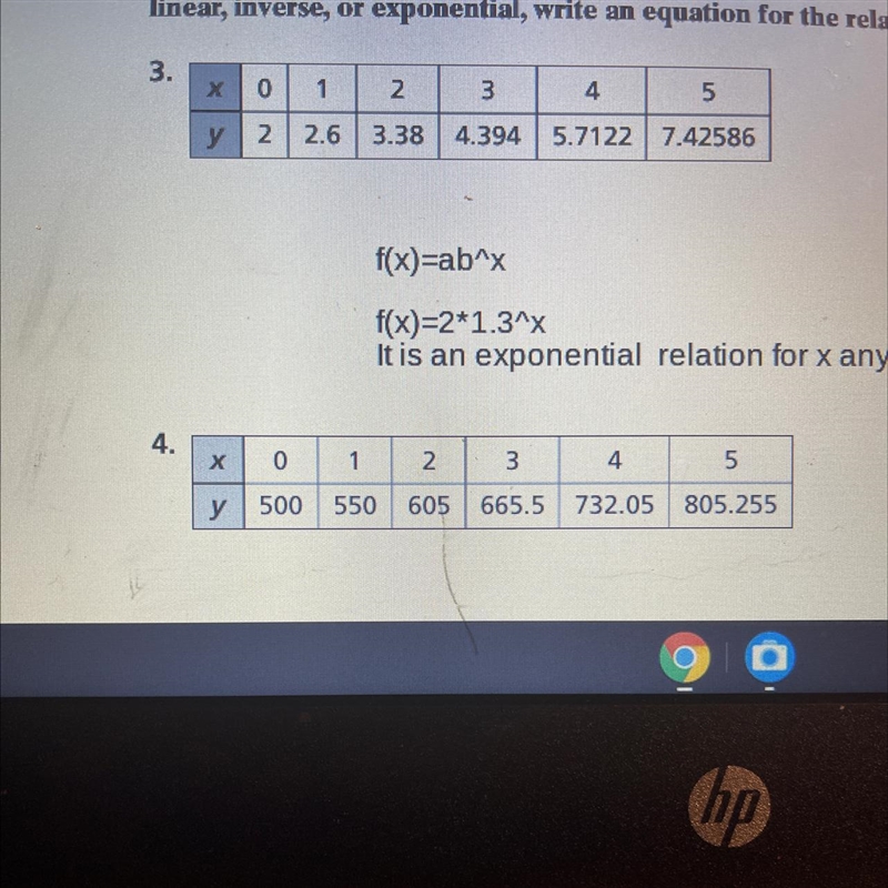 For Exercises 3 6, tell whether the relationship between x and y is linear,inverse-example-1