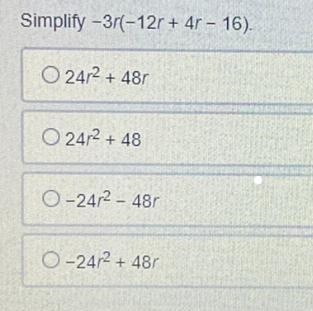 Simplify -3r(-12r + 4r - 16) please!!-example-1