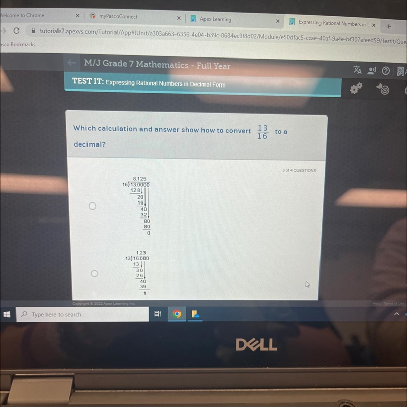 Which calculation and answer show how to convert 13 16 decimal? 8.125 16) 13.0000 128 20 16. 40 32 80 80 0 1.23 13) 16.000 to-example-1