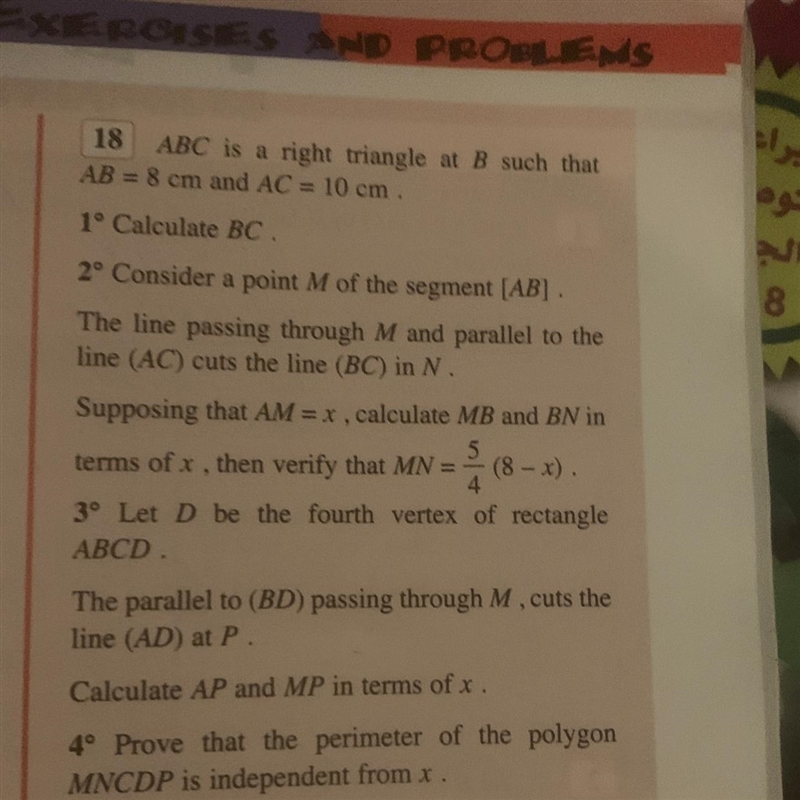 ABC is a right triangle at B such that AB = 8 cm and AC = 10 cm. 1° Calculate BC 2º Consider-example-1