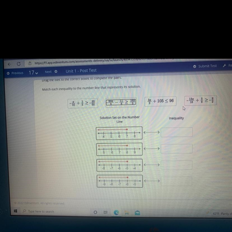 Drag the tiles to the correct boxes to complete the pairs Match each inequality to-example-1