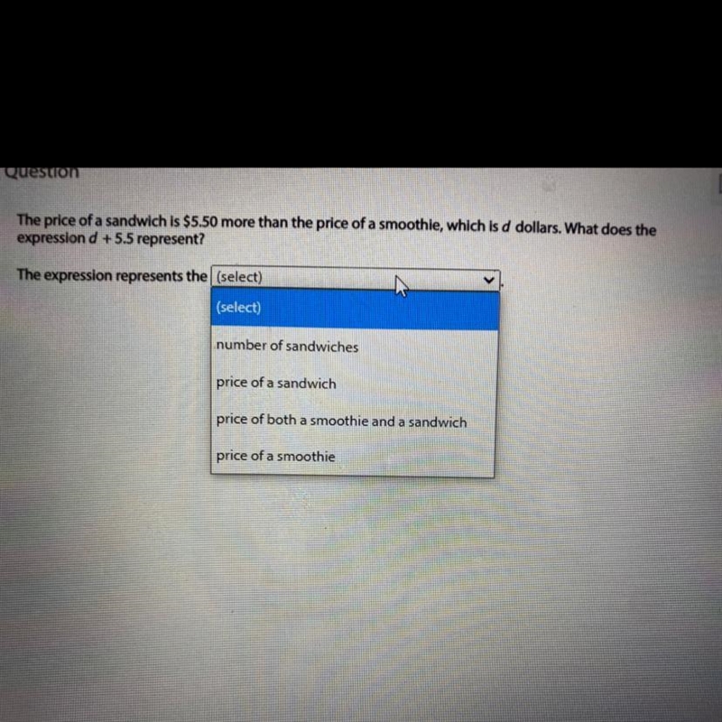 The price of a sandwich is $5.50 more than the price of a smoothie, which is d dollars-example-1