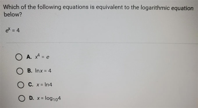 Which of the following equations is equivalent to the logarithmic equation below? e-example-1