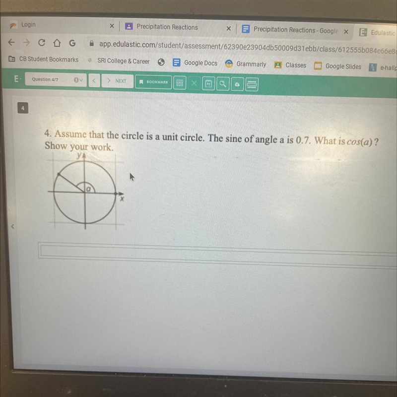 Assume that the circle is a unit circle. The sine of angle a is 0.7. Who’s is cos-example-1