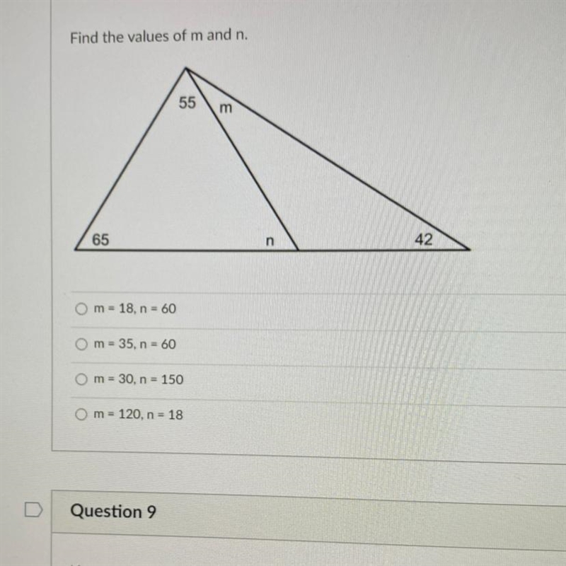 Find the values of m and n A. m=18, n=60 B. m=35, n=60 C. m=30, n=150 D. m=120, n-example-1