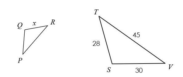 If Triangle PQR ~ Triangle VST with a scale factor of 2:5, find the value of x.-example-1