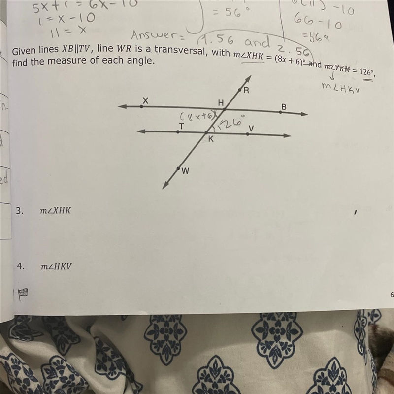 M angle XHK=(8x+6) and m angle HKV = 126 1. m angle XHK 2. m angle HKV-example-1