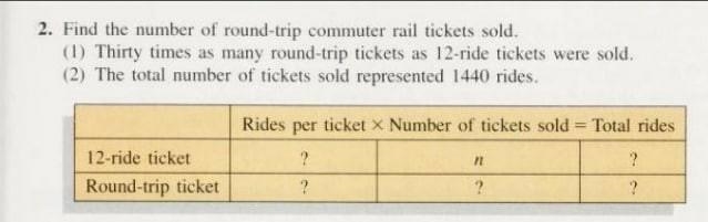 Help!! Find the number of round-trip commuter rail tickets sold. (1) Thirty times-example-1