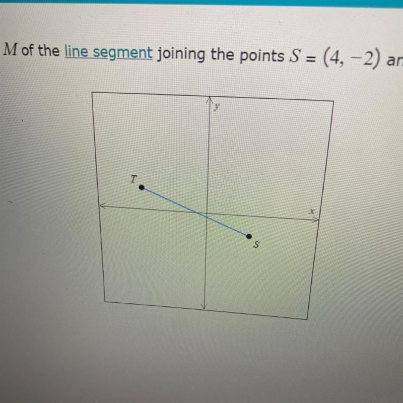 Find the midpoint M of the line segment joining the points S = (4,-2) and T = (-6,2).-example-1