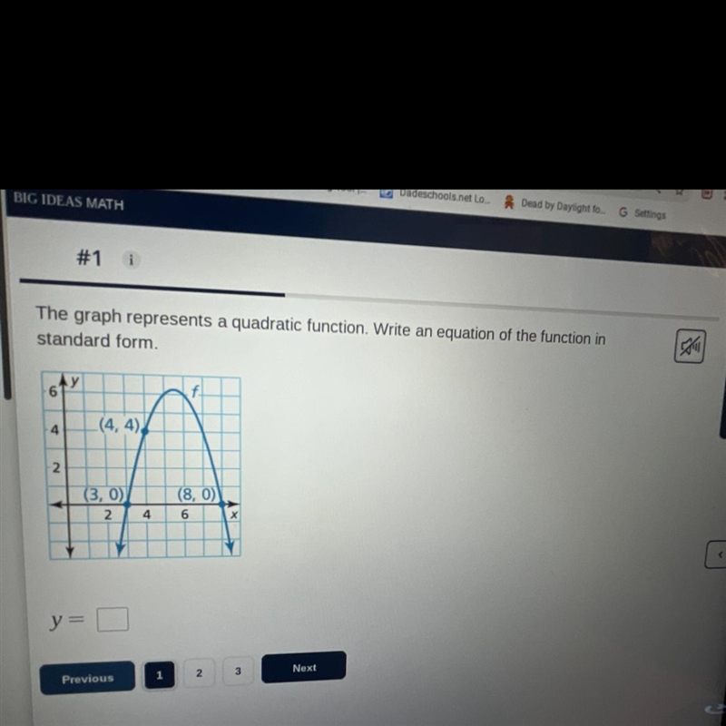 Help asp 50 points The graph represents a quadratic function write an equation of-example-1