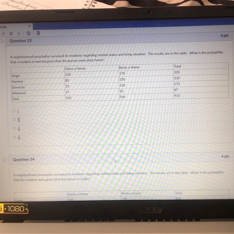 Question 13A neighborhood association surveyed its residents regarding marital status-example-1