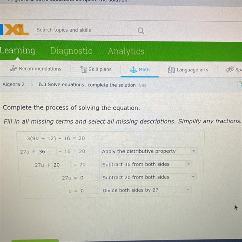 Complete the process of solving the equation.Fill in all missing terms and select-example-1