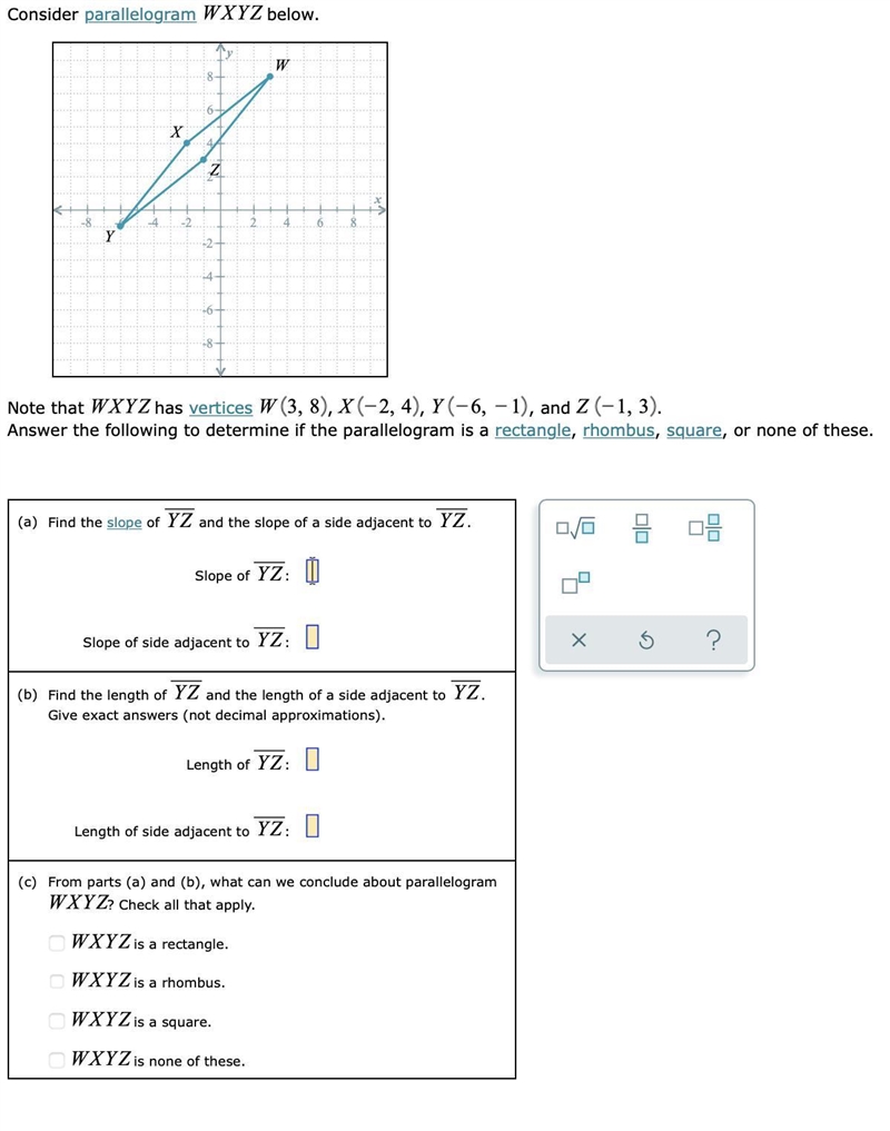 Consider parallelogram VWXY below. Use the information given in the figure to find-example-1