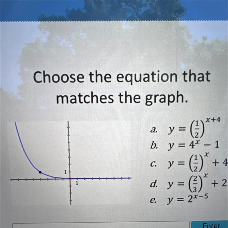 A. Choose the equation that matches the graph. (3)*** b. y = 4* – 1 = (a)* +4 d. y-example-1