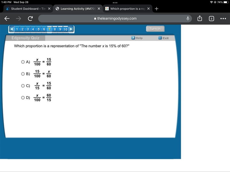 Which proportion is a representation of "The number x is 15% of 60?"-example-1