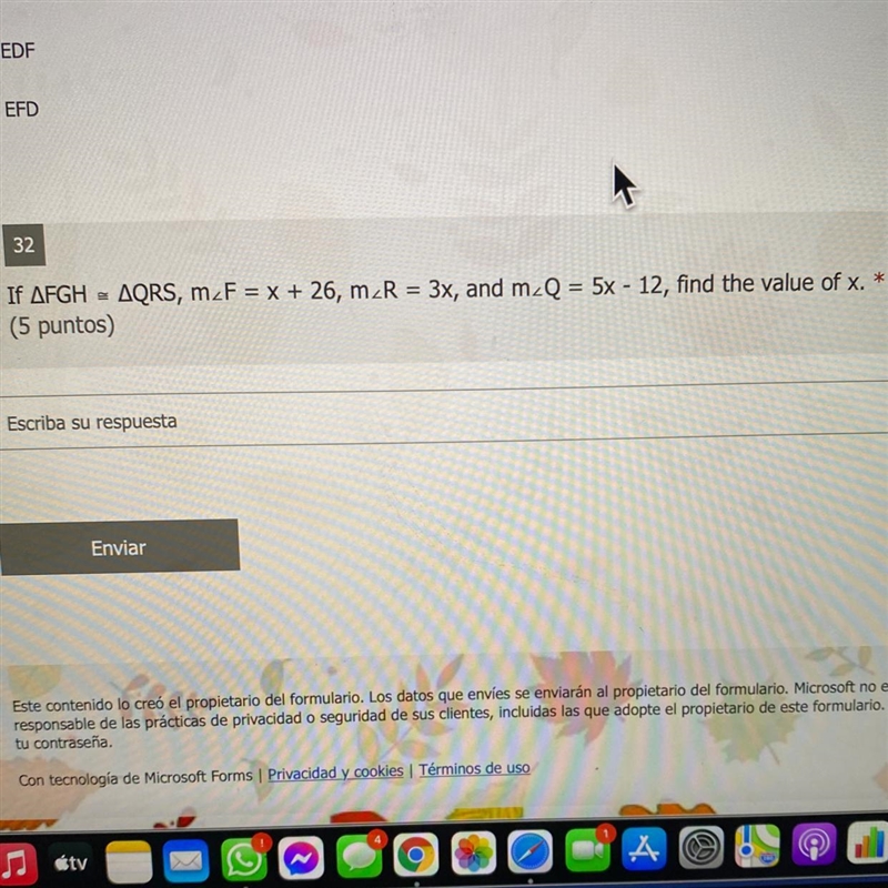 If AFGH - AQRS, m_F = x + 26, m R = 3x, and m Q = 5x - 12, find the value of x.-example-1