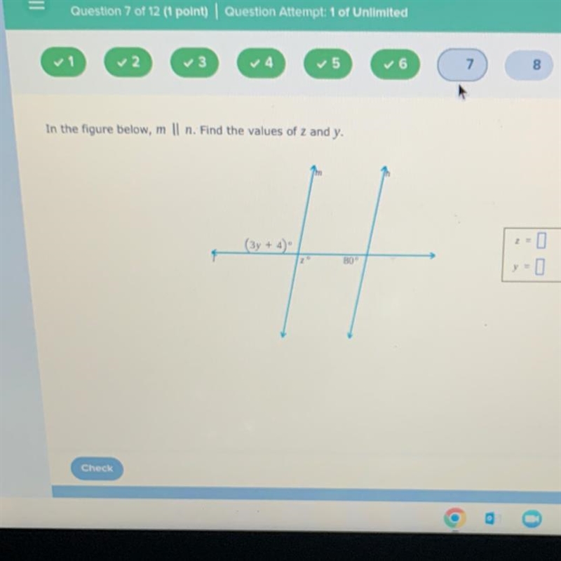 In the figure below, m || n. Find the values of z and y. Check (3y + 4) H 80° N 11 80 x-example-1