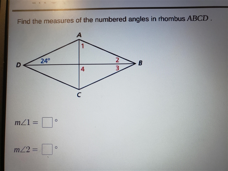 Find the measure of the numbered angle in rhombus abcd-example-1