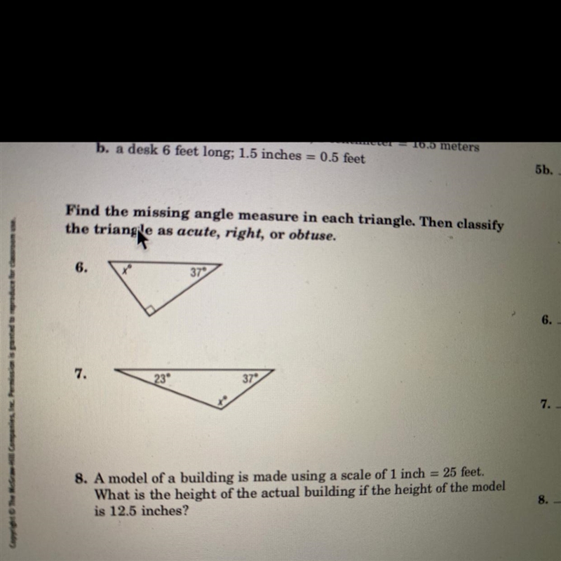 Find the missing angle measure in each triangle as acute, right or obtuse-example-1