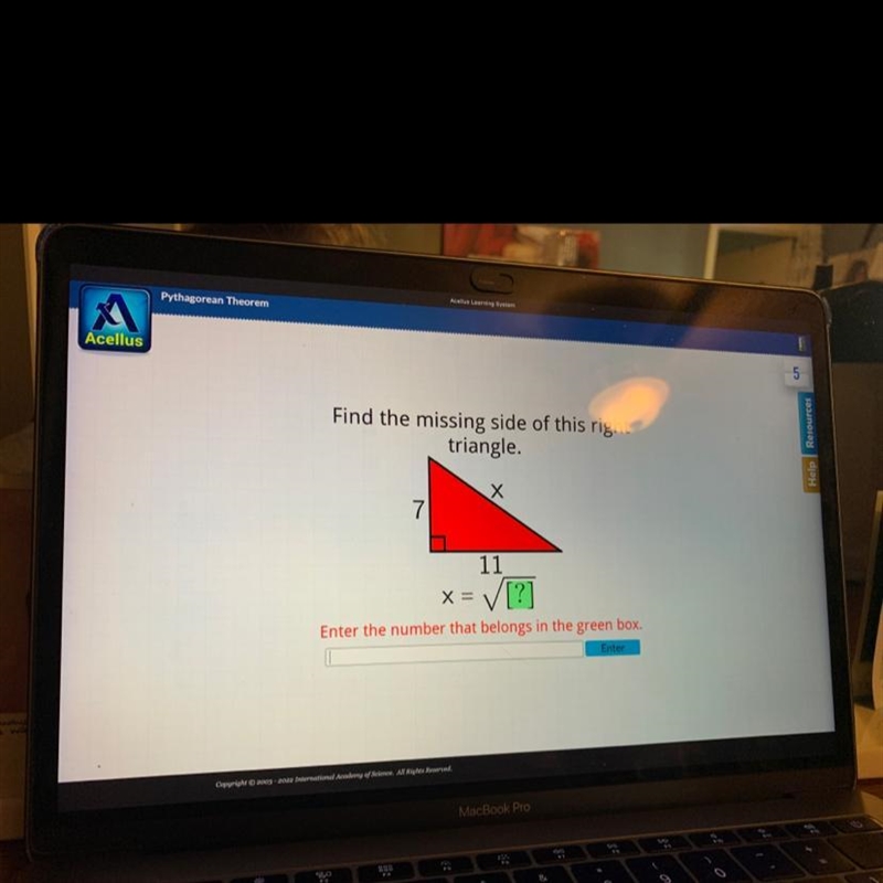 Find the missing side of this right triangle. X 7 X = 11 √[?] PLEASE HELP-example-1