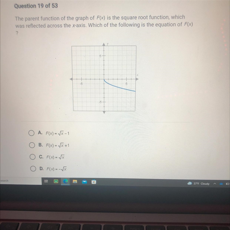 The parent function of the graph of F(x) is the square root function, whichwas reflected-example-1