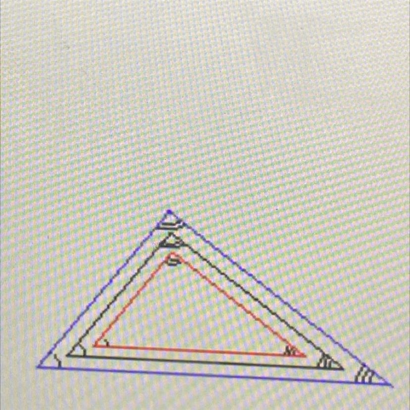 Use complete sentences to describe the similarity between the three triangles shown-example-1