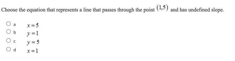 Choose the equation that represents a line that passes through the point (1,5) and-example-1