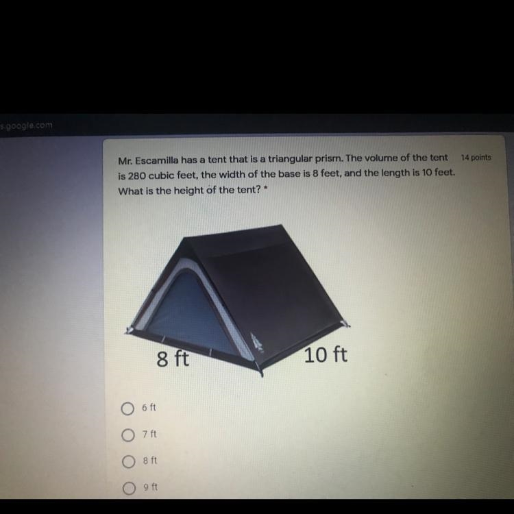 14 pointsMr. Escamilla has a tent that is a triangular prism. The volume of the tentis-example-1