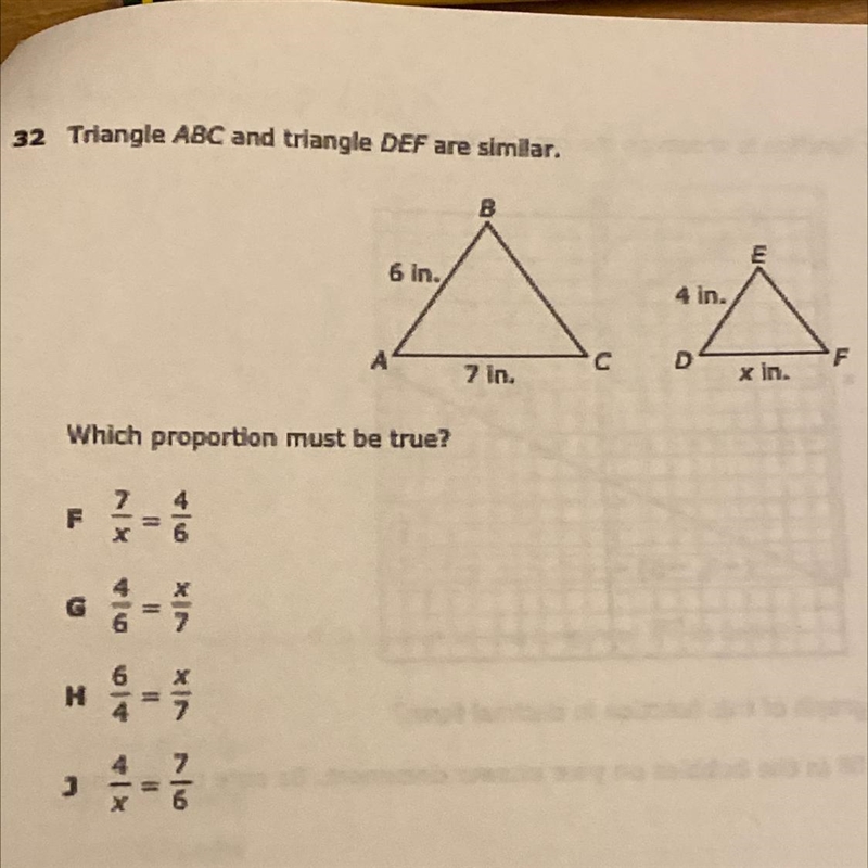 Triangle ABC and triangle DEF are similar. Which proportion must be true?-example-1