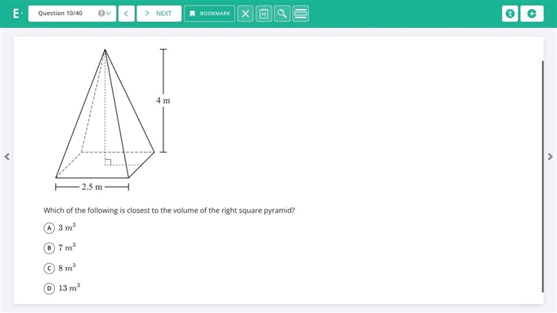 A right square pyramid and its dimensions are shown below.-example-1