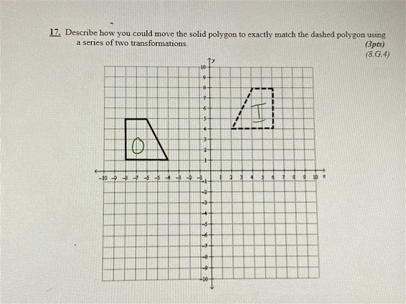 Describe how you could move the solid polygon to exactly match the dashed polygon-example-1