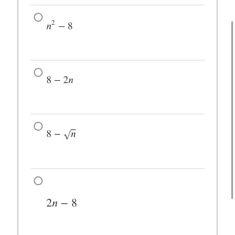 Which expression represents "eight less than twice a number"?-example-1