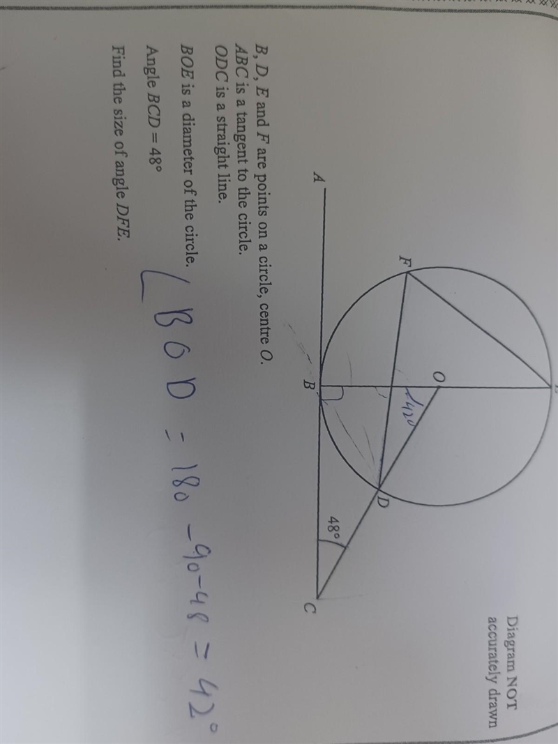 B, D, E and F are points on a circle, centre O. ABC is a tangent to the circle. ODC-example-1