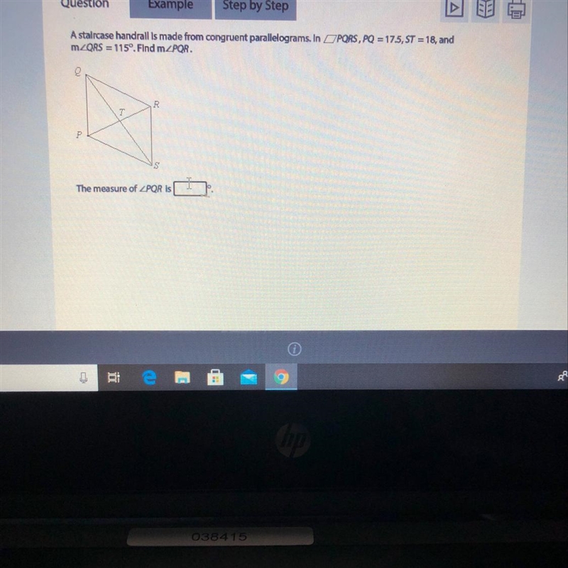 A staircase handrail is made from congruent parallelograms. In PQRS, PQ = 17.5, ST-example-1