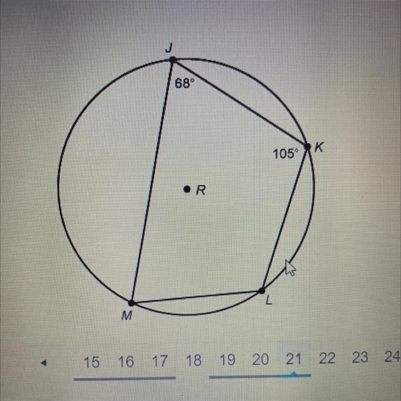 Quadrilateral JKLM is inscribed in circle R. 68 What is m L? Enter your answer in-example-1