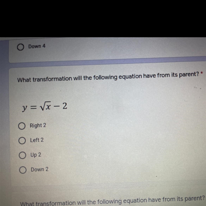 What transformation will the following equation have from its parent ?-example-1