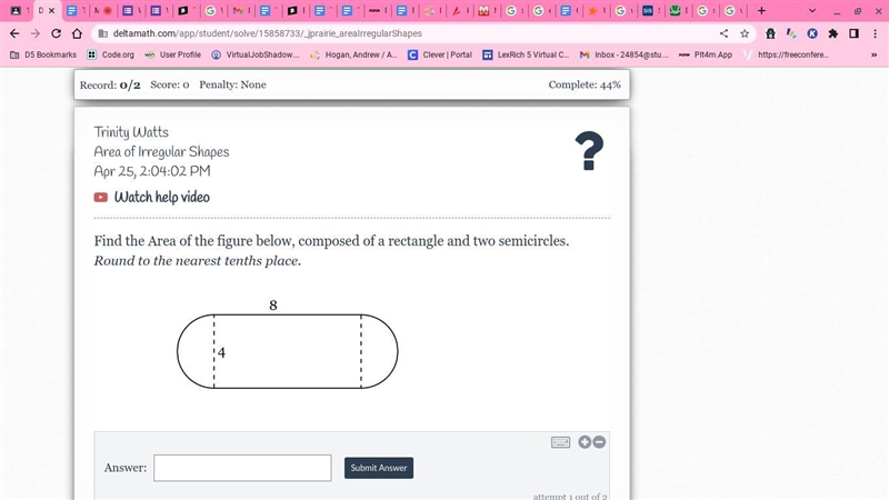 Find the Area of the figure below, composed of a rectangle and two semicircles. Round-example-1