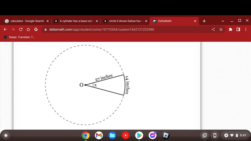 circle 0 shown below has a radius of 27 inches.find to the nearest tenth of a degree-example-1