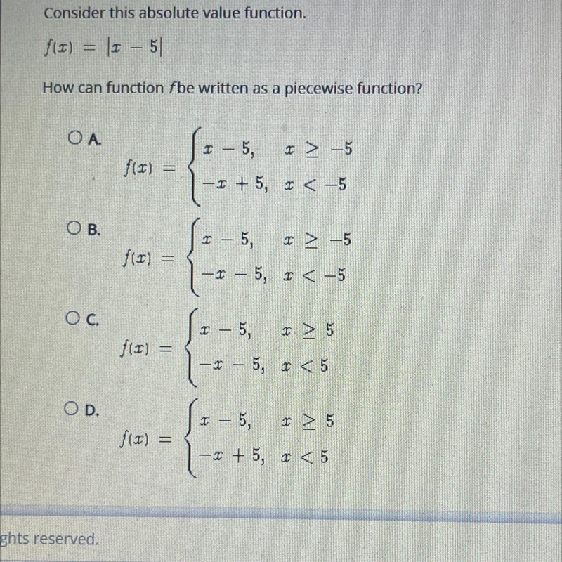 consider this absolute value function.f(x) = |x-5|how can the function f be written-example-1