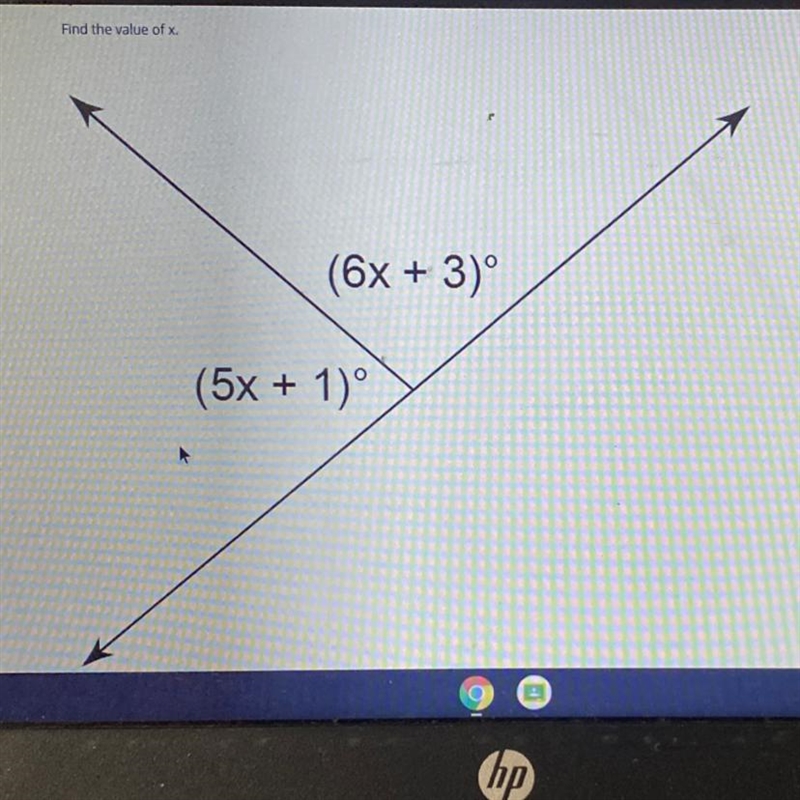 Find the value of x. (6x + 3)º (5x + 1)°-example-1