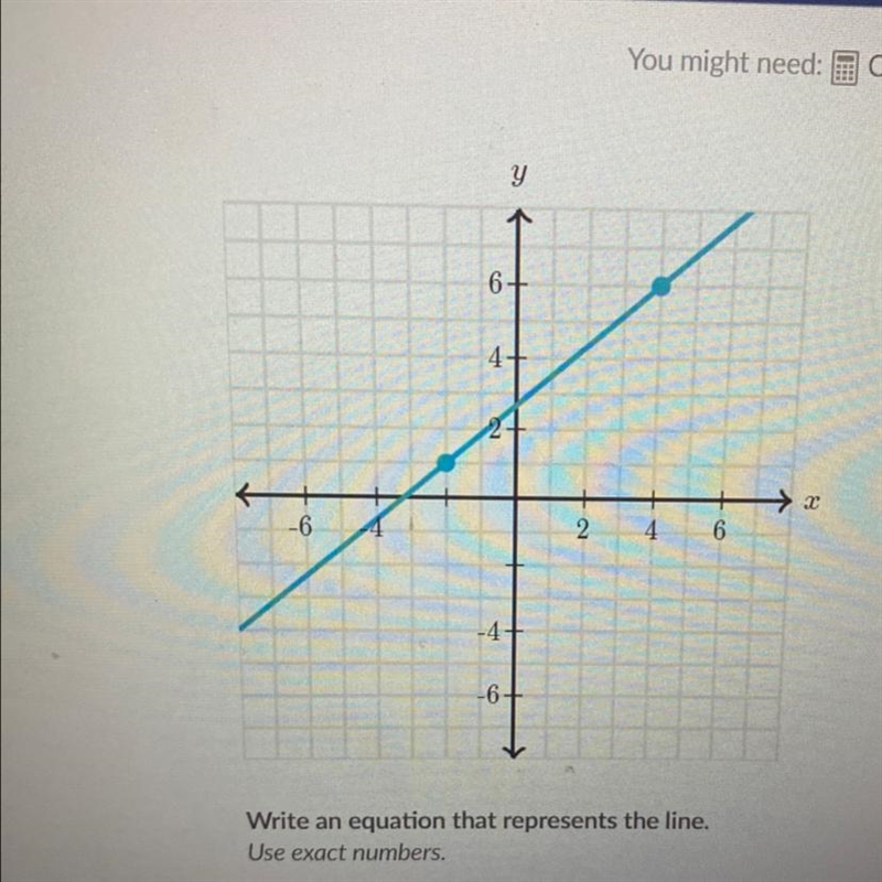 Write an equation that represents the line. Use exact numbers. (-2,-1) (4,6)-example-1