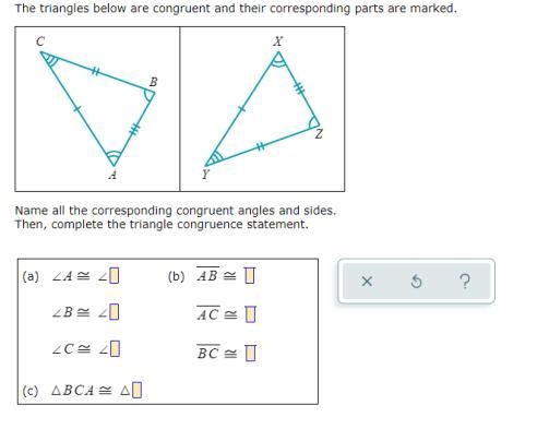 The triangles below are congruent and the corresponding parts are marked-example-1