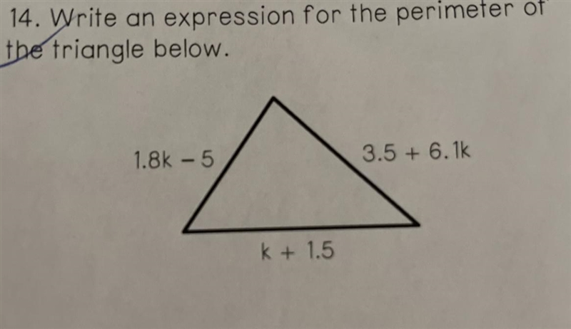 Write an expression for the perimeter or the triangle below.-example-1