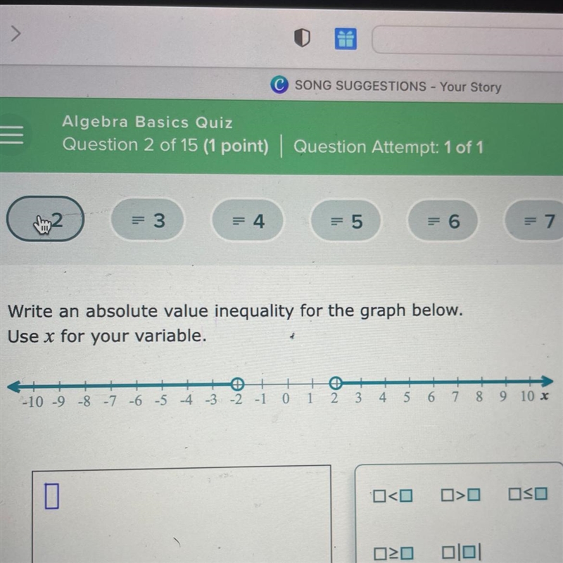 Write an absolute value inequality for the graph below. Use x for your variable.-example-1