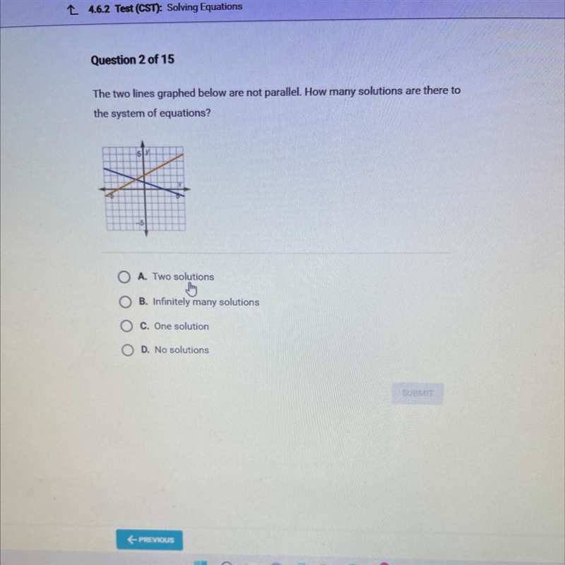 The two lines graphed below are not parallel. How many solutions are there to the-example-1