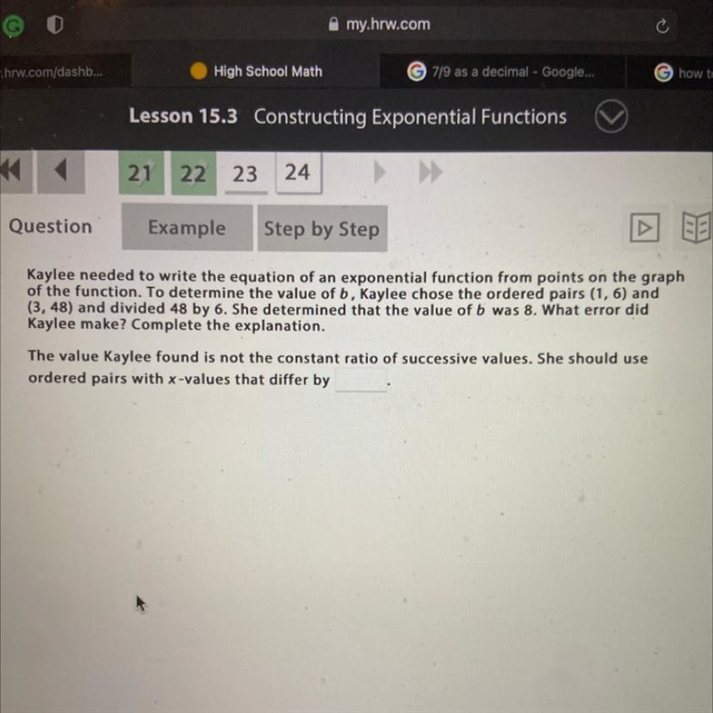 Kaylee needed to write the equation of an exponential function from points on the-example-1