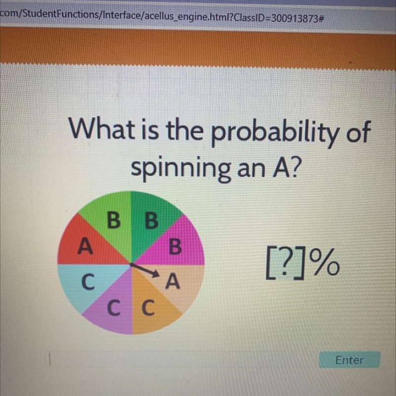 What is the probability of spinning an A? B B A B C A [?]% C-example-1