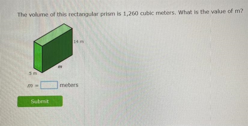 The volume of this rectangular prism is 1,260 cubic meters. What is the value of m-example-1