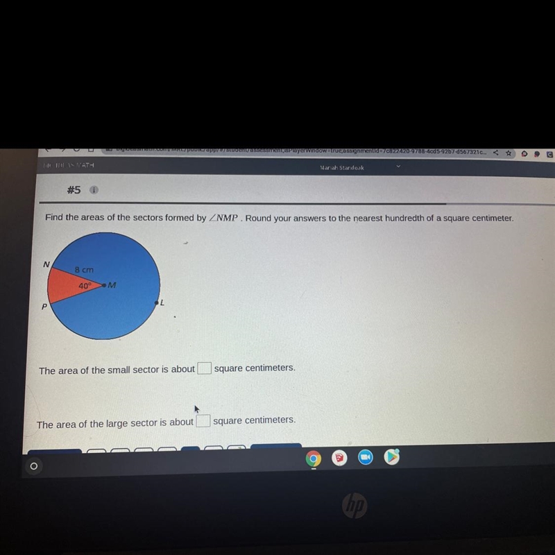 Find the areas of the sectors formed by NMP. Round your answer to the hundredth of-example-1